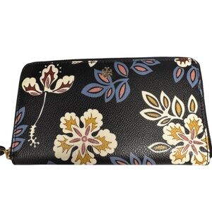 Tory Burch Kerrington Zip Around Continental Wallet Floral Black Large Leather